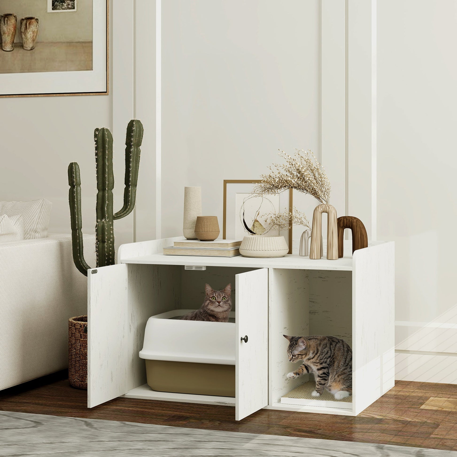 KFX-8400829 Cat Litter Box Enclosure with Scratching Mat and Side Entry - Distressed White, Fits Most Litter Boxes Up to 20.5" L