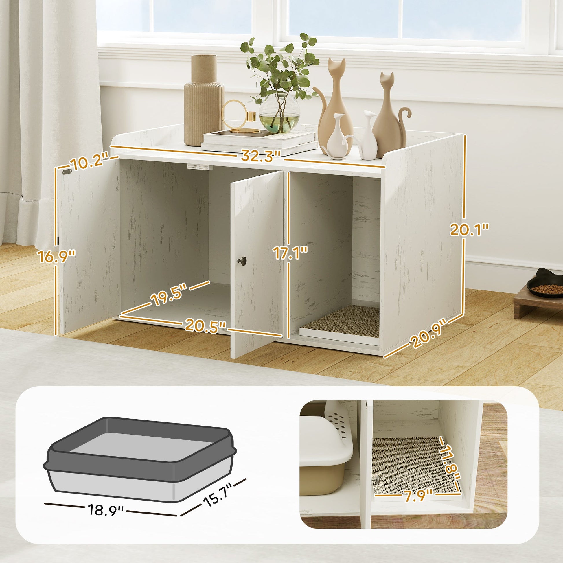 KFX-8400829 Cat Litter Box Enclosure with Scratching Mat and Side Entry - Distressed White, Fits Most Litter Boxes Up to 20.5" L