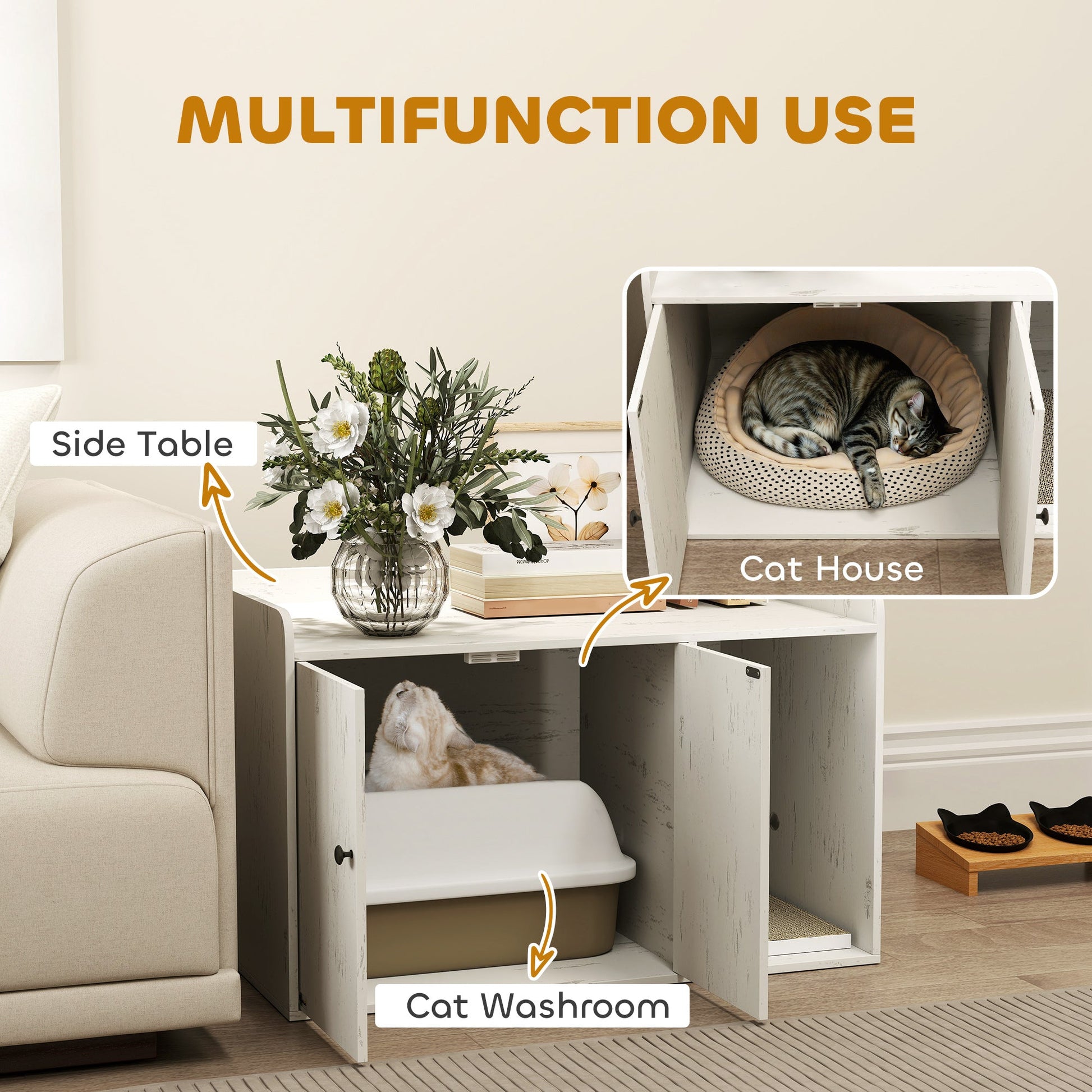 KFX-8400829 Cat Litter Box Enclosure with Scratching Mat and Side Entry - Distressed White, Fits Most Litter Boxes Up to 20.5" L