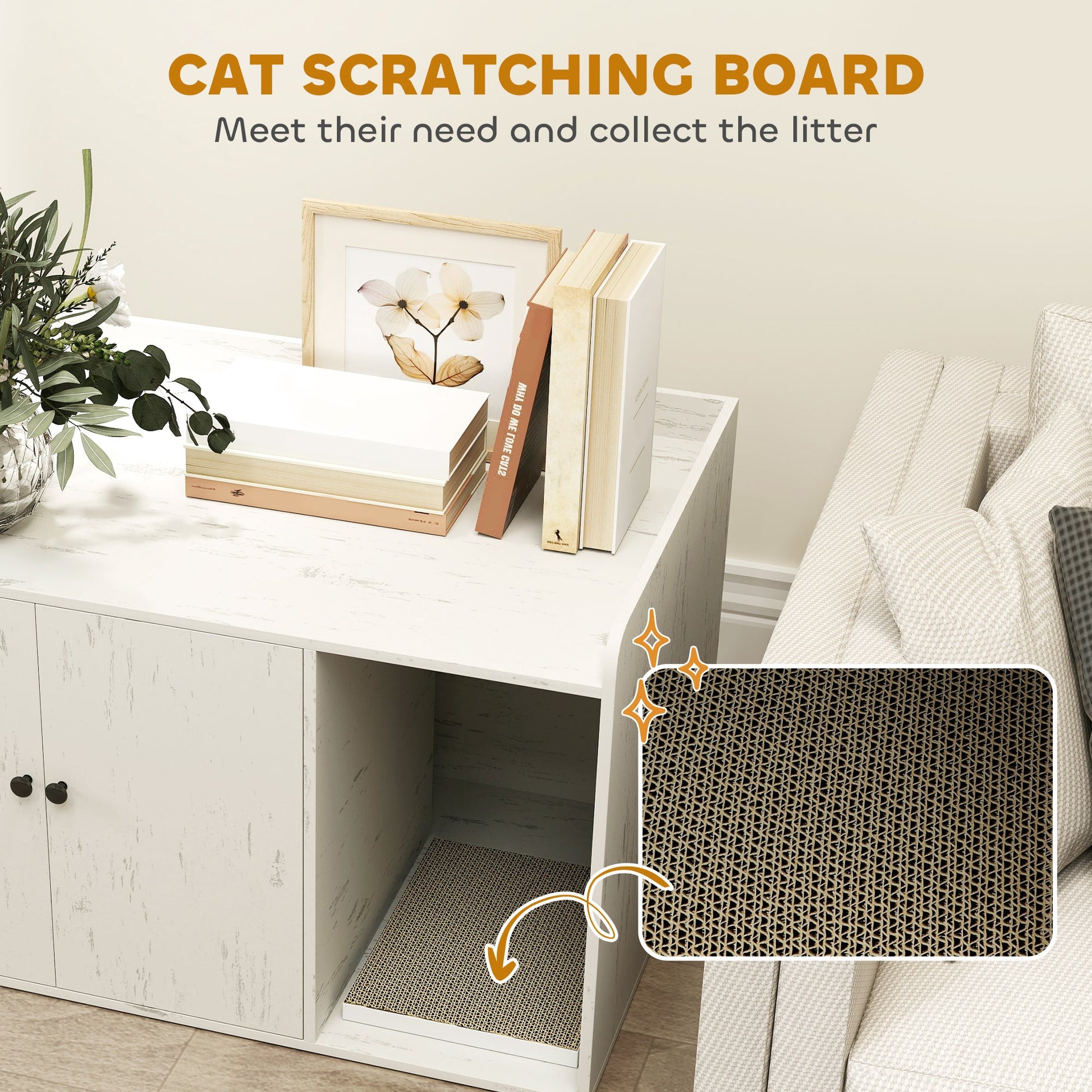 KFX-8400829 Cat Litter Box Enclosure with Scratching Mat and Side Entry - Distressed White, Fits Most Litter Boxes Up to 20.5" L
