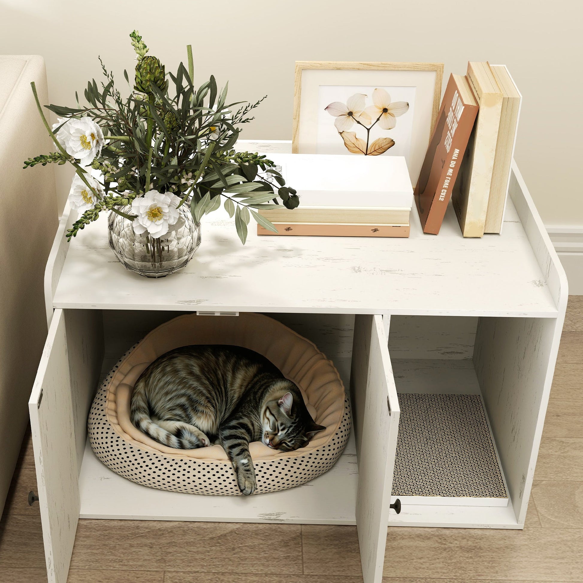 KFX-8400829 Cat Litter Box Enclosure with Scratching Mat and Side Entry - Distressed White, Fits Most Litter Boxes Up to 20.5" L
