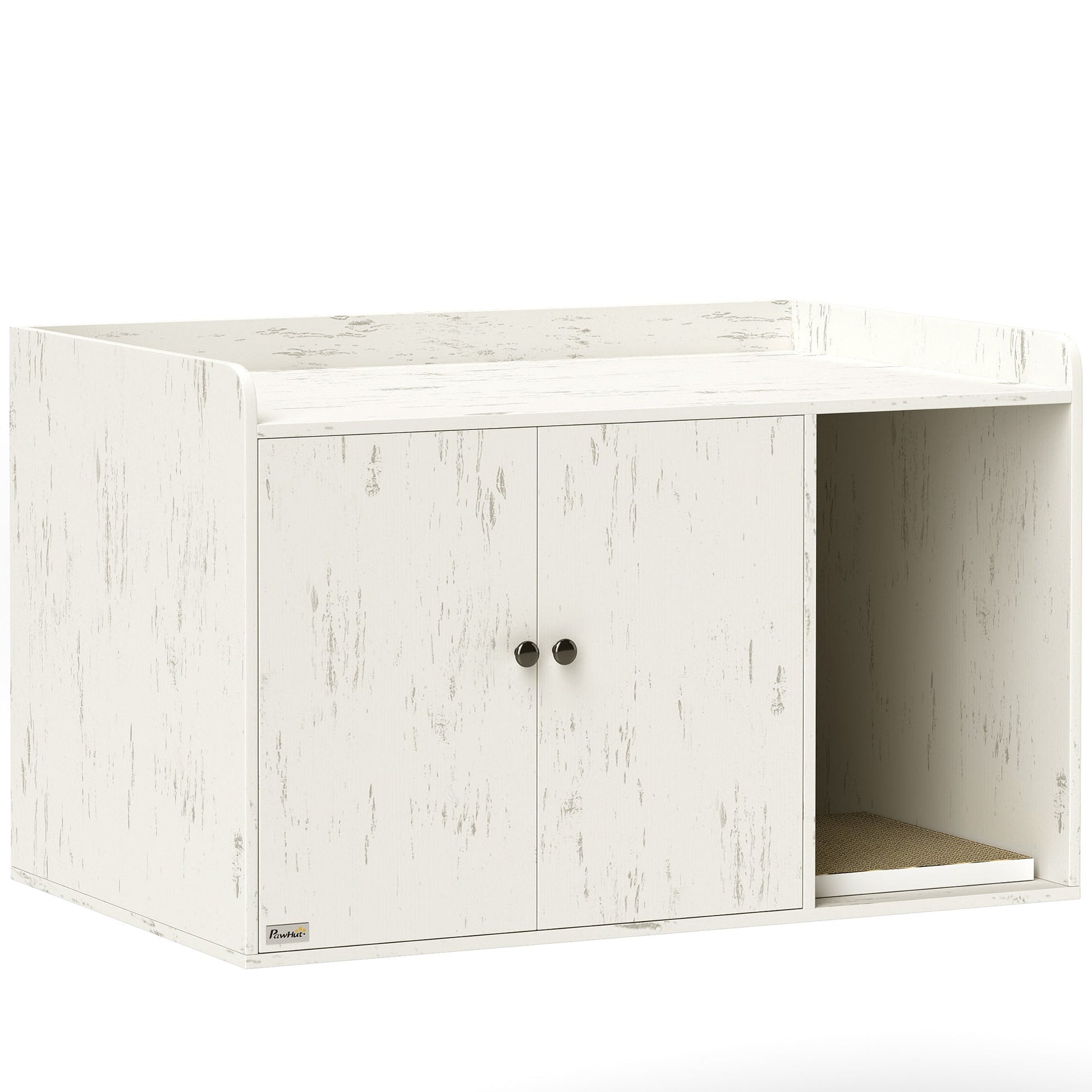 KFX-8400829 Cat Litter Box Enclosure with Scratching Mat and Side Entry - Distressed White, Fits Most Litter Boxes Up to 20.5" L