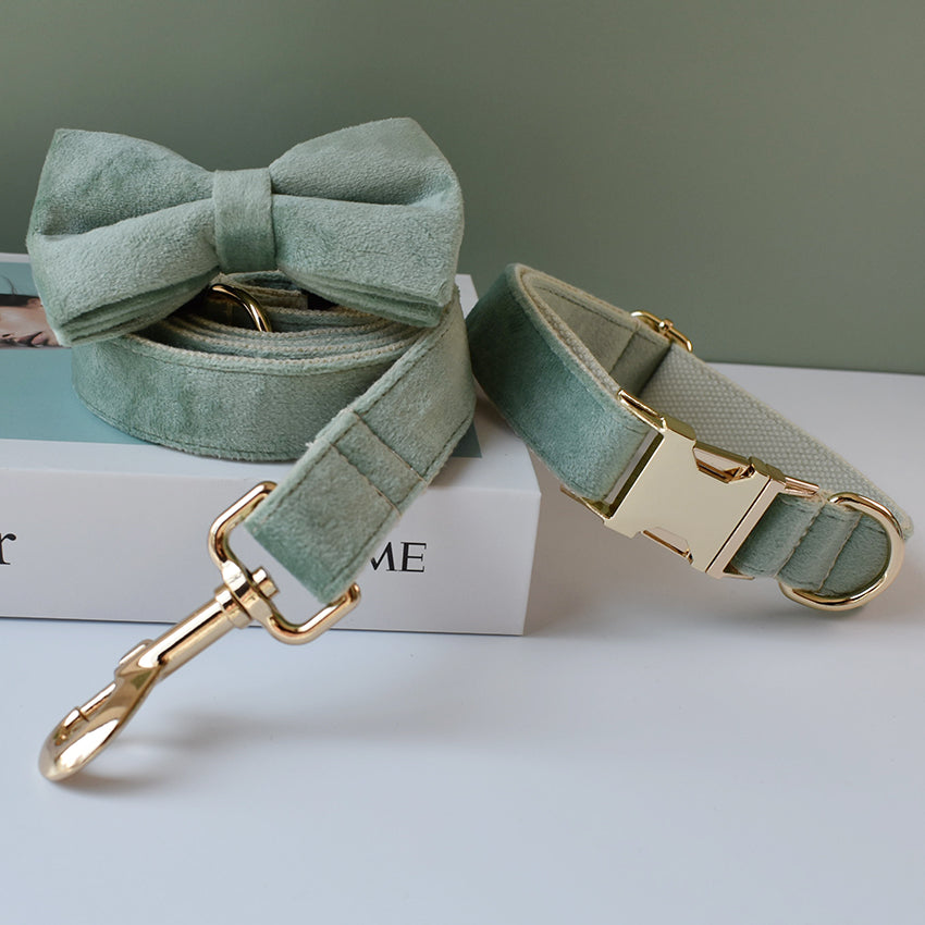 KFX-8401213 Mint Green Velvet Dog Collar and Leash Set with Bow and Dog Ring