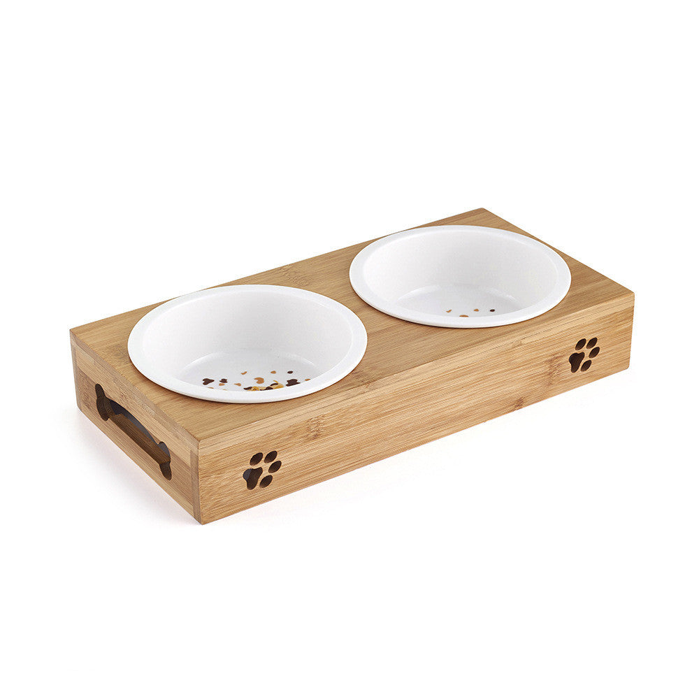KFX-8405309 Double Bowl Cat Feeding Station with Bamboo Frame and Stainless Steel Bowls
