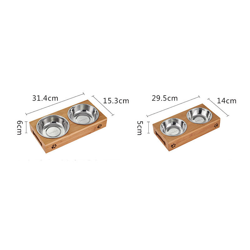 KFX-8405309 Double Bowl Cat Feeding Station with Bamboo Frame and Stainless Steel Bowls