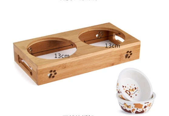 KFX-8405309 Double Bowl Cat Feeding Station with Bamboo Frame and Stainless Steel Bowls