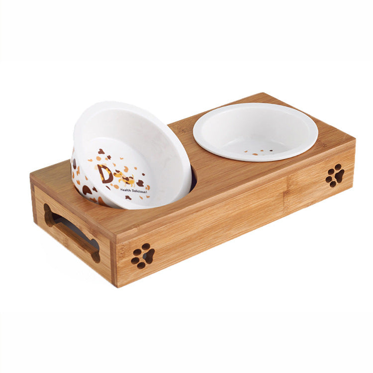 KFX-8405309 Double Bowl Cat Feeding Station with Bamboo Frame and Stainless Steel Bowls