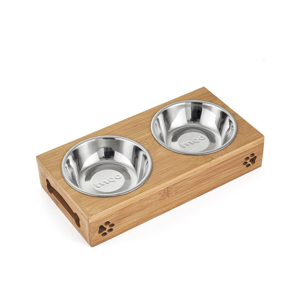 KFX-8405309 Double Bowl Cat Feeding Station with Bamboo Frame and Stainless Steel Bowls