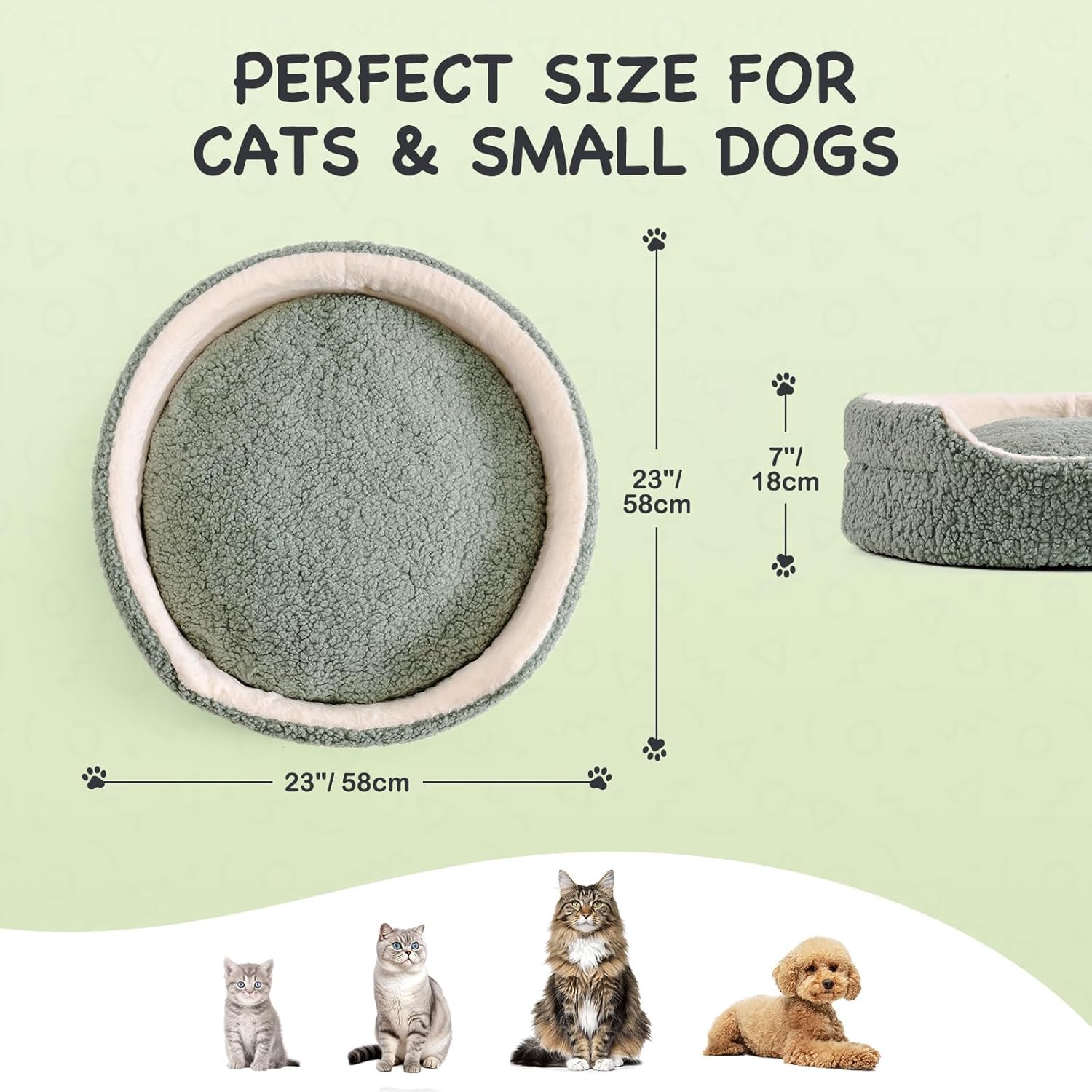 KFX-8409533 Orthopedic Round Pet Bed for Cats & Small Dogs - 23-Inch Plush Bed with Non-Slip Bottom, Sage Green