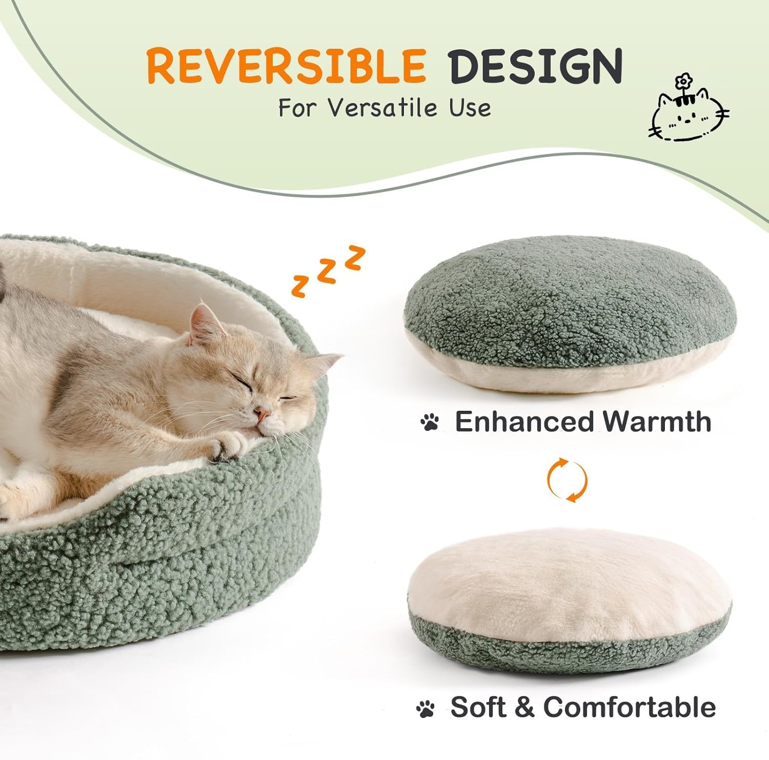 KFX-8409533 Orthopedic Round Pet Bed for Cats & Small Dogs - 23-Inch Plush Bed with Non-Slip Bottom, Sage Green