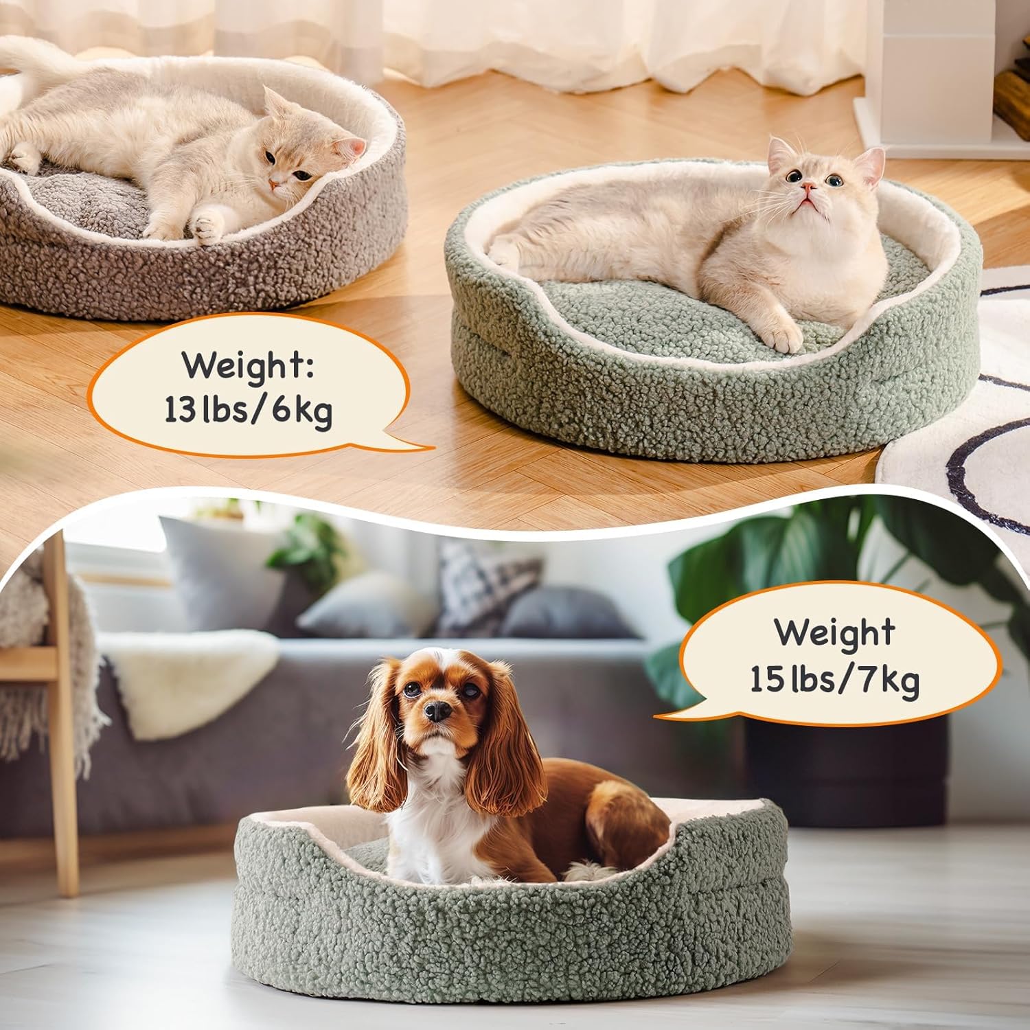 KFX-8409533 Orthopedic Round Pet Bed for Cats & Small Dogs - 23-Inch Plush Bed with Non-Slip Bottom, Sage Green