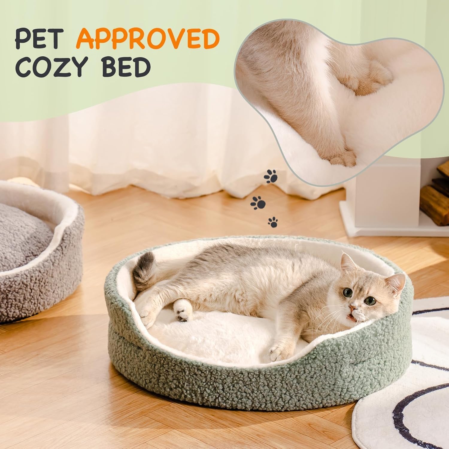KFX-8409533 Orthopedic Round Pet Bed for Cats & Small Dogs - 23-Inch Plush Bed with Non-Slip Bottom, Sage Green
