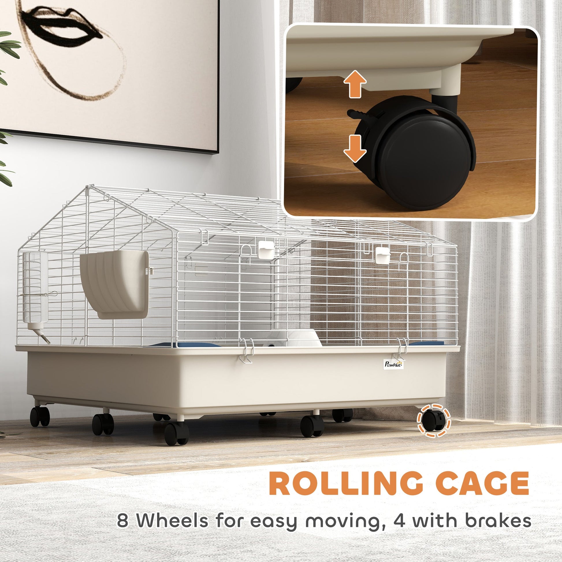 KFX-8414525 Two-Layer Rolling Small Animal Cage with Hideaway, Feeding Bowl, Hay Feeder, Water Bottle - Ideal for Rabbits, Guinea Pigs, Hedgehogs