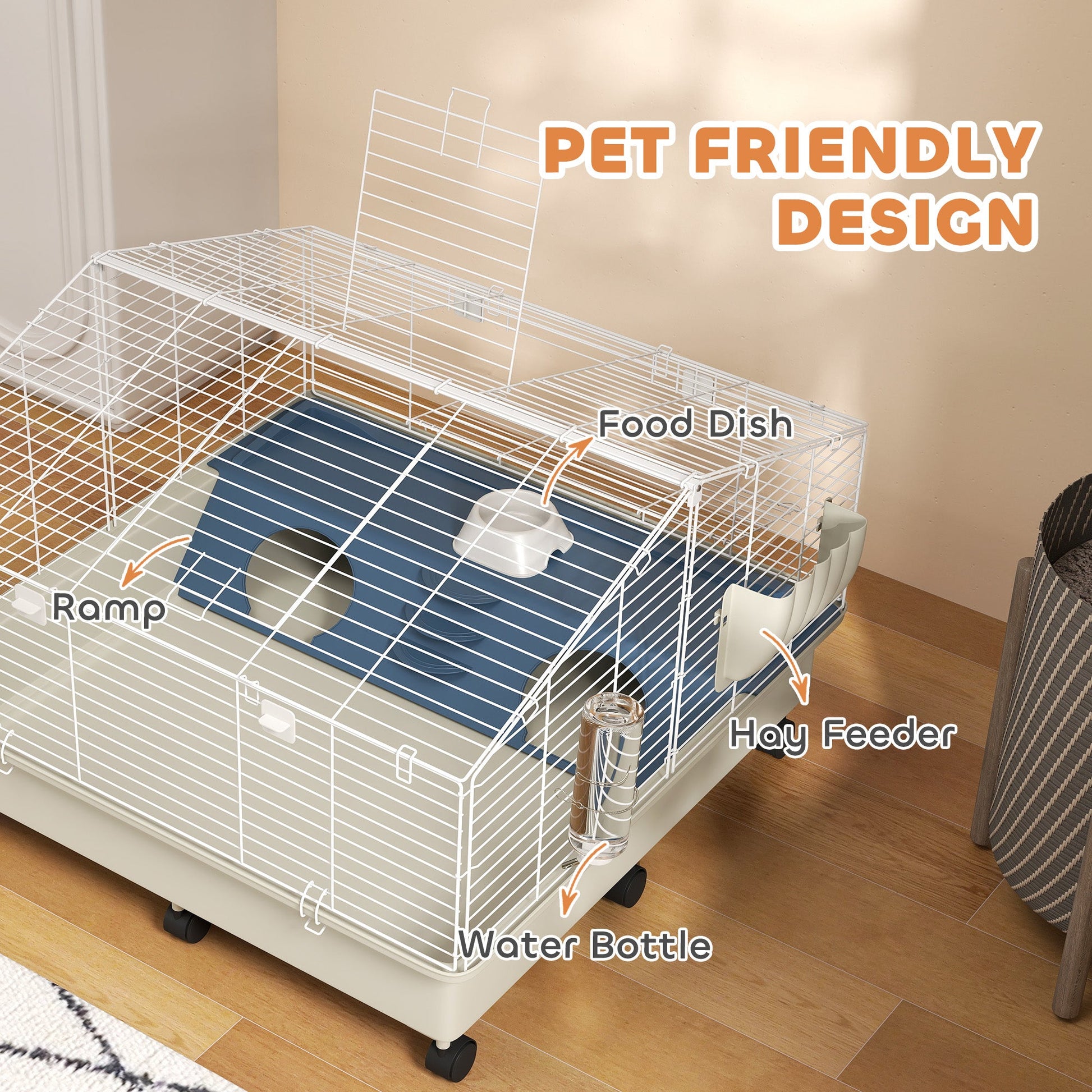 KFX-8414525 Two-Layer Rolling Small Animal Cage with Hideaway, Feeding Bowl, Hay Feeder, Water Bottle - Ideal for Rabbits, Guinea Pigs, Hedgehogs
