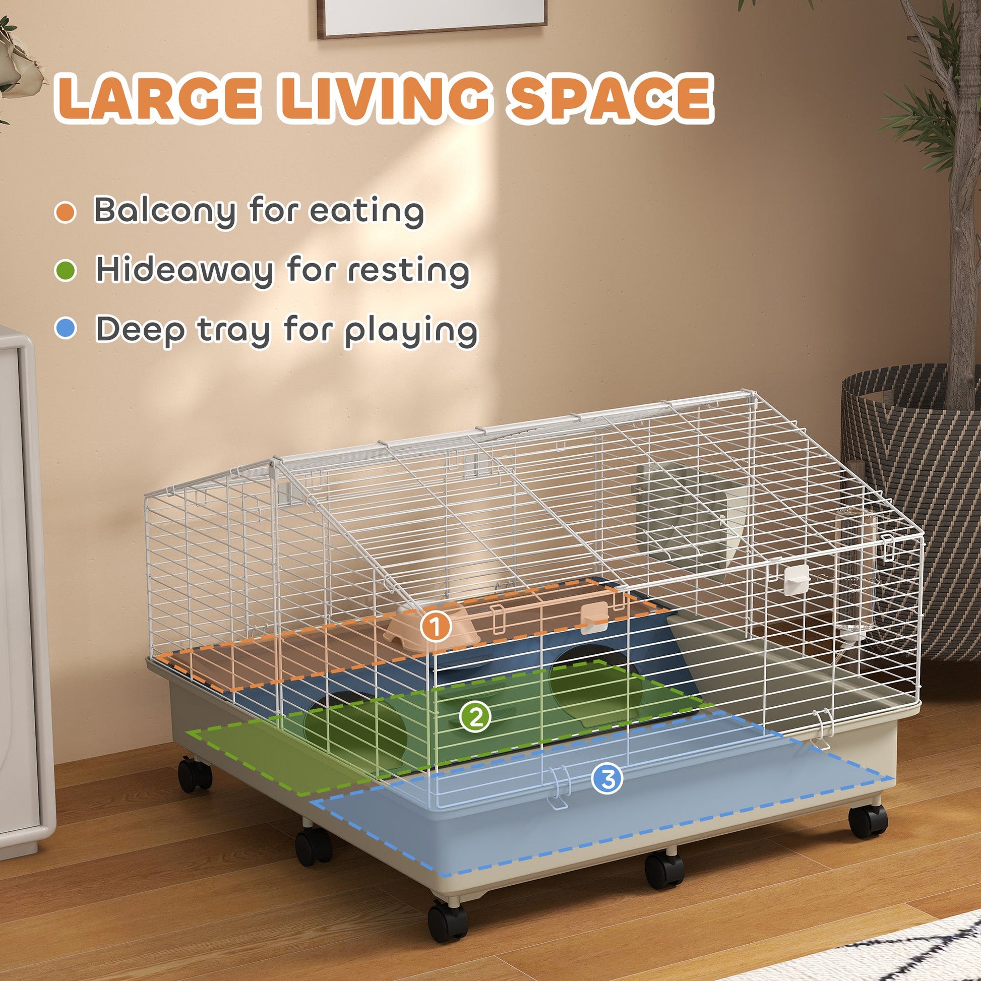 KFX-8414525 Two-Layer Rolling Small Animal Cage with Hideaway, Feeding Bowl, Hay Feeder, Water Bottle - Ideal for Rabbits, Guinea Pigs, Hedgehogs