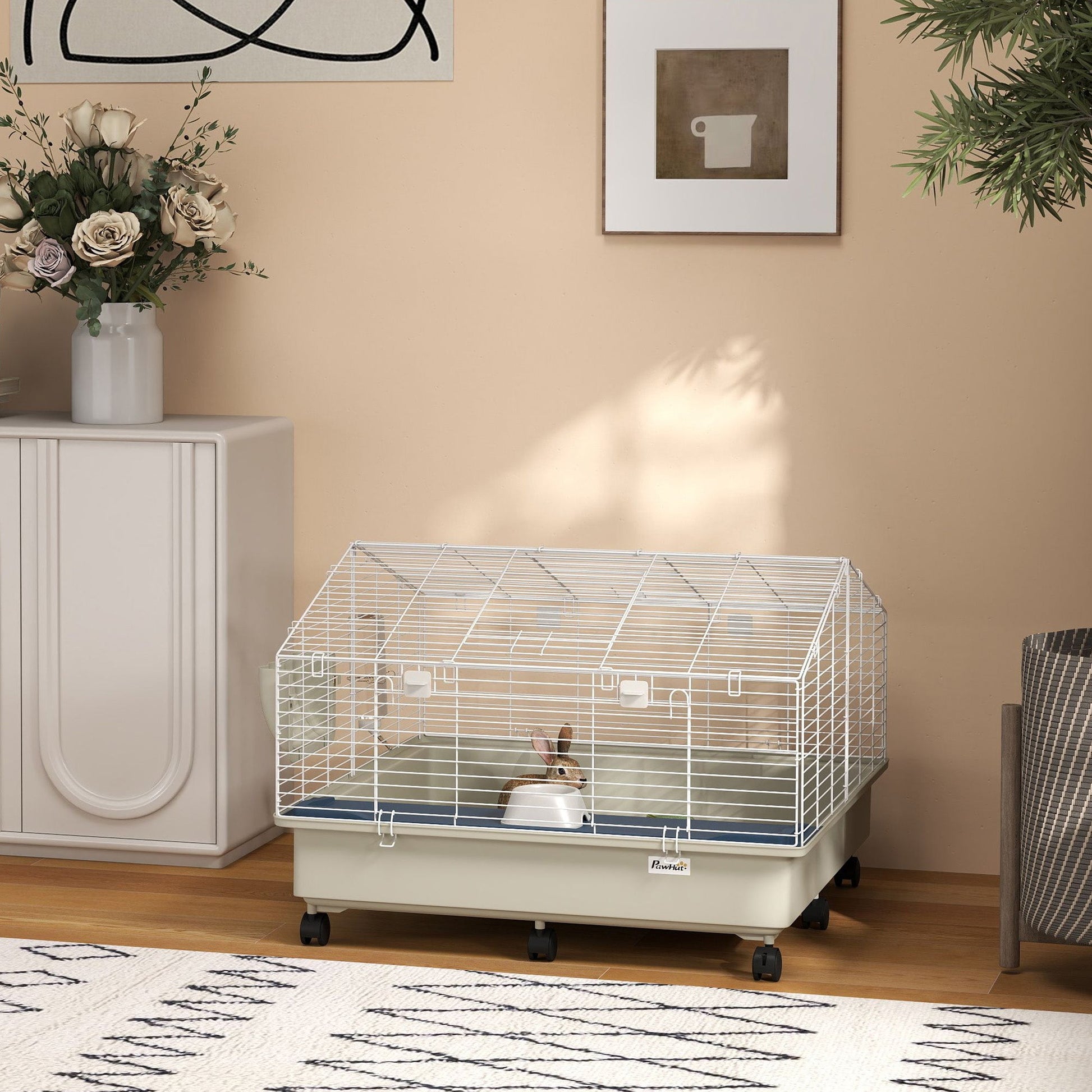 KFX-8414525 Two-Layer Rolling Small Animal Cage with Hideaway, Feeding Bowl, Hay Feeder, Water Bottle - Ideal for Rabbits, Guinea Pigs, Hedgehogs