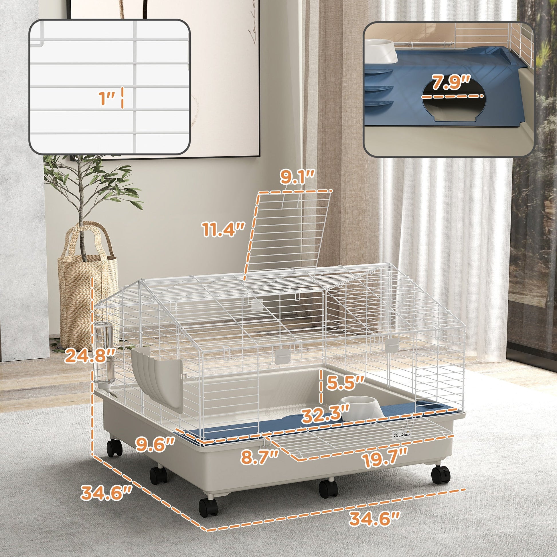 KFX-8414525 Two-Layer Rolling Small Animal Cage with Hideaway, Feeding Bowl, Hay Feeder, Water Bottle - Ideal for Rabbits, Guinea Pigs, Hedgehogs