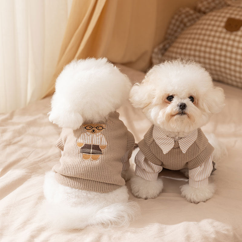 KFX-8415421 Preppy Layered Sweater for Small Dogs and Cats with Striped Shirt Collar