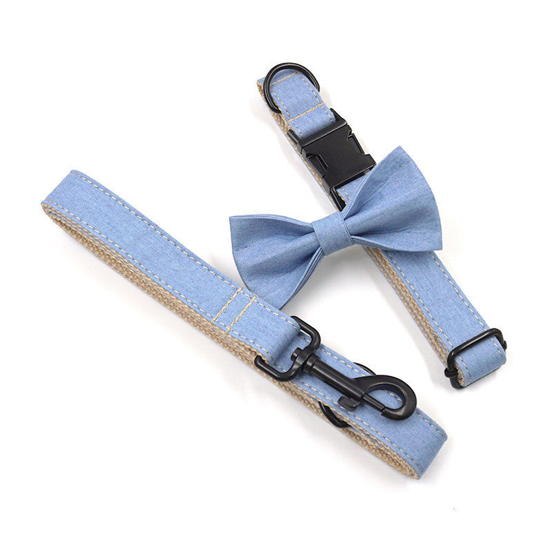 KFX-8416445 Denim Pet Collar and Leash Set with Bowknot - Light Denim Color Options Available