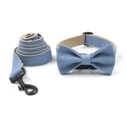 KFX-8416445 Denim Pet Collar and Leash Set with Bowknot - Light Denim Color Options Available