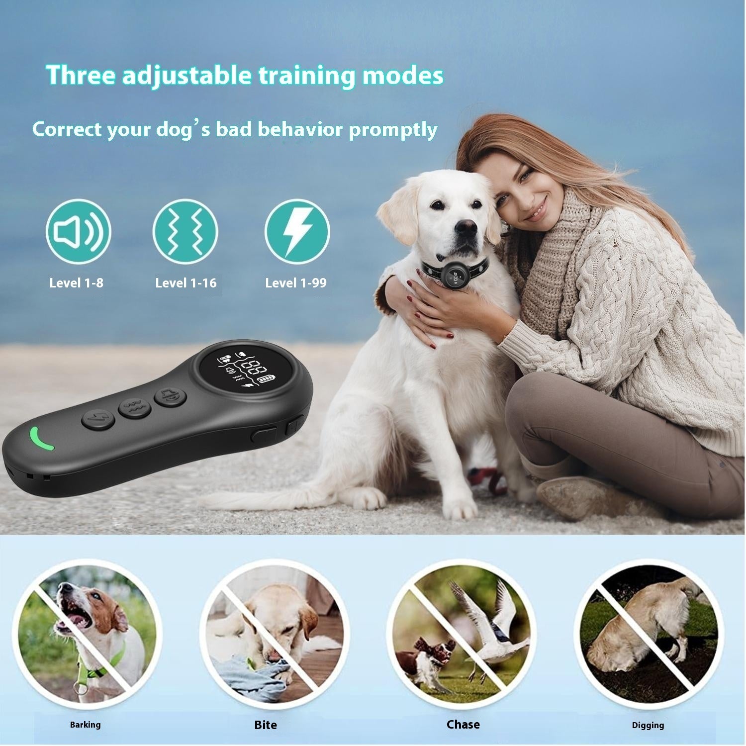 KFX-8419901 3-in-1 Dog Trainer and Bark Control Device with Multiple Training Modes
