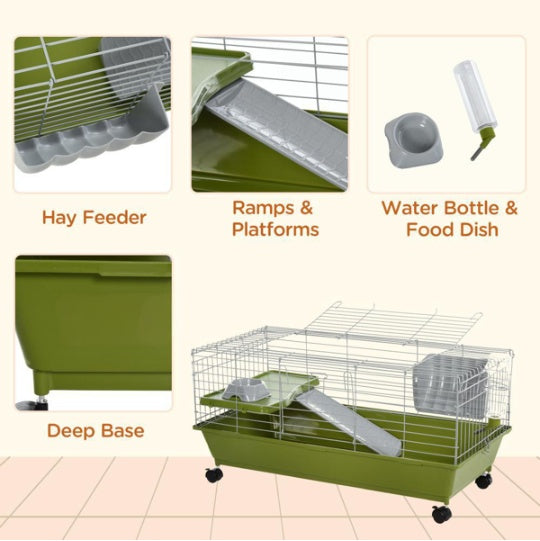 KFX-8420285 Rolling Small Animal Cage for Rabbits, Guinea Pigs & Chinchillas with Wheels and Accessories