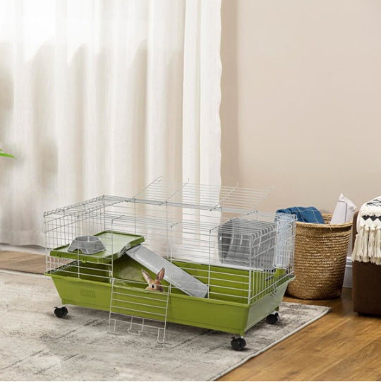 KFX-8420285 Rolling Small Animal Cage for Rabbits, Guinea Pigs & Chinchillas with Wheels and Accessories