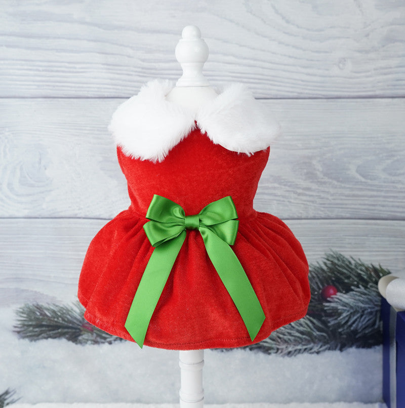 KFX-8430525 Gold Velvet Christmas Pet Dress with Bow - Available in Multiple Sizes