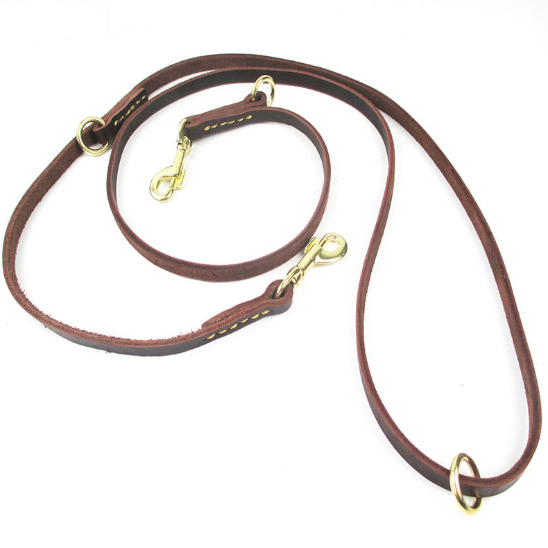 KFX-8437693 Double-Headed Copper Hook Cowhide Dog Traction Belt with Convenient Leash功能