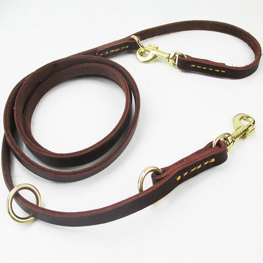 KFX-8437693 Double-Headed Copper Hook Cowhide Dog Traction Belt with Convenient Leash功能