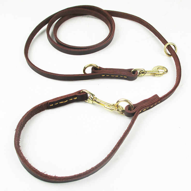 KFX-8437693 Double-Headed Copper Hook Cowhide Dog Traction Belt with Convenient Leash功能