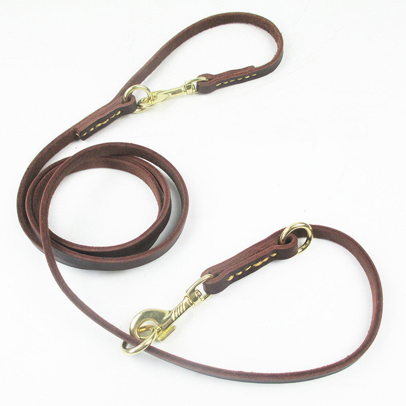 KFX-8437693 Double-Headed Copper Hook Cowhide Dog Traction Belt with Convenient Leash功能