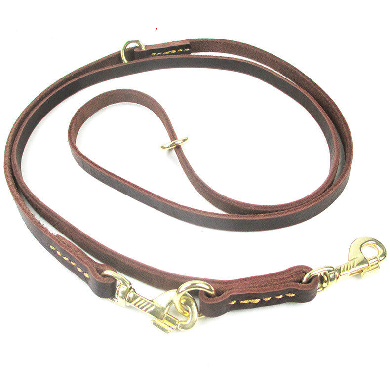 KFX-8437693 Double-Headed Copper Hook Cowhide Dog Traction Belt with Convenient Leash功能
