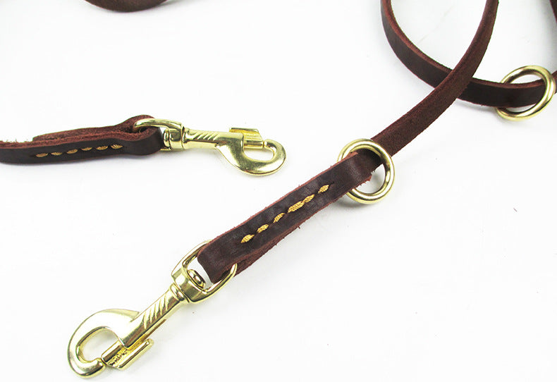 KFX-8437693 Double-Headed Copper Hook Cowhide Dog Traction Belt with Convenient Leash功能