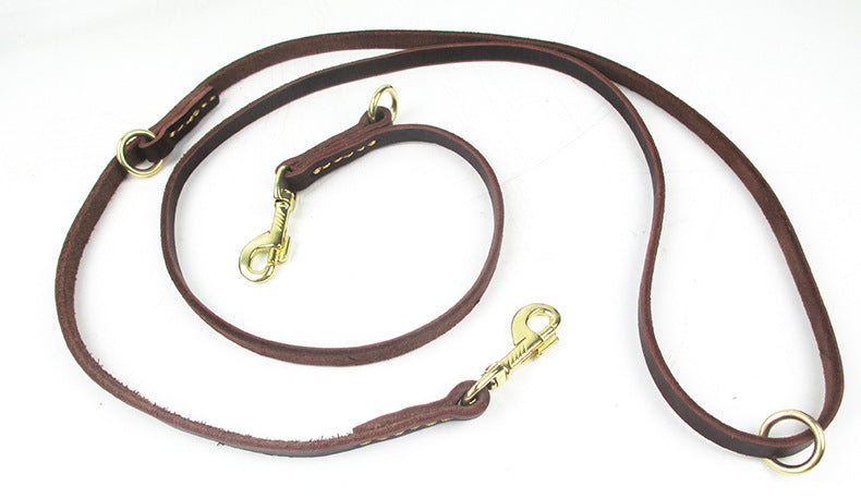 KFX-8437693 Double-Headed Copper Hook Cowhide Dog Traction Belt with Convenient Leash功能