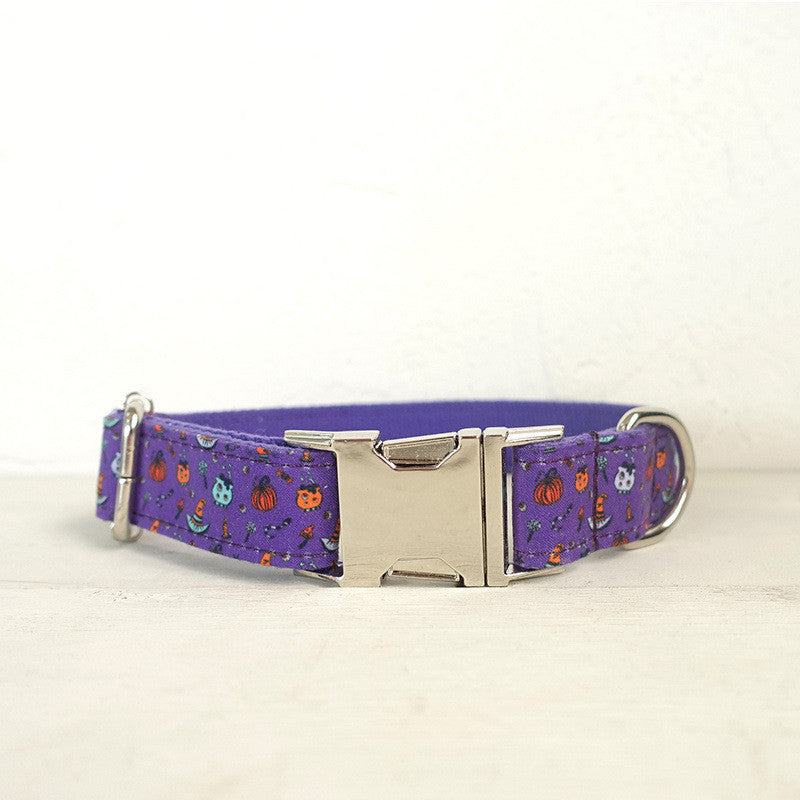KFX-8445629 Purple Halloween Print Dog Collar for Stylish Pets, Polyester Material, Fashionable Design