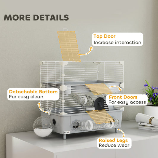 KFX-8447293 2-Tier Hamster Cage with Sand Bathroom, Running Wheel, Water Bottle & Accessories in Gray