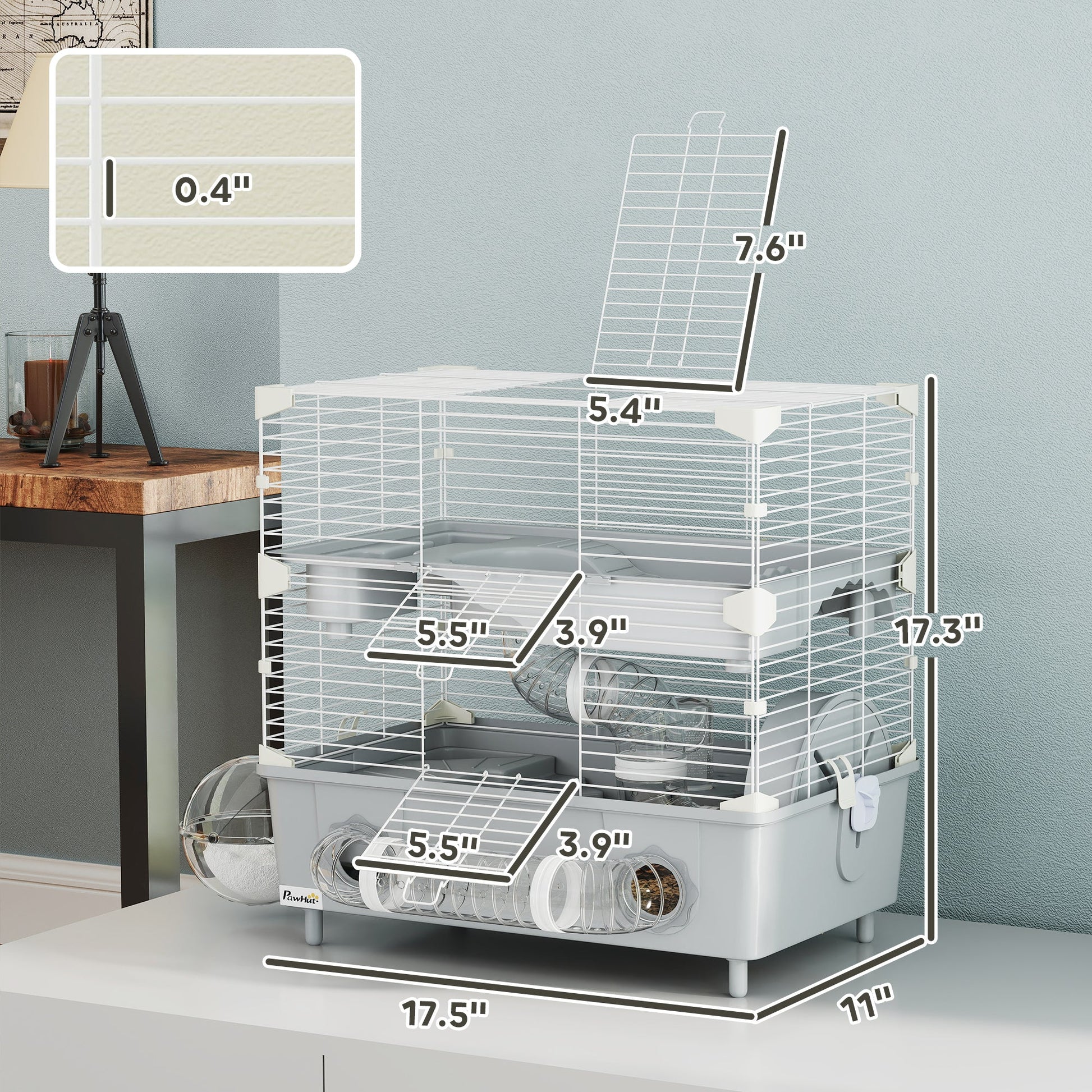 KFX-8447293 2-Tier Hamster Cage with Sand Bathroom, Running Wheel, Water Bottle & Accessories in Gray