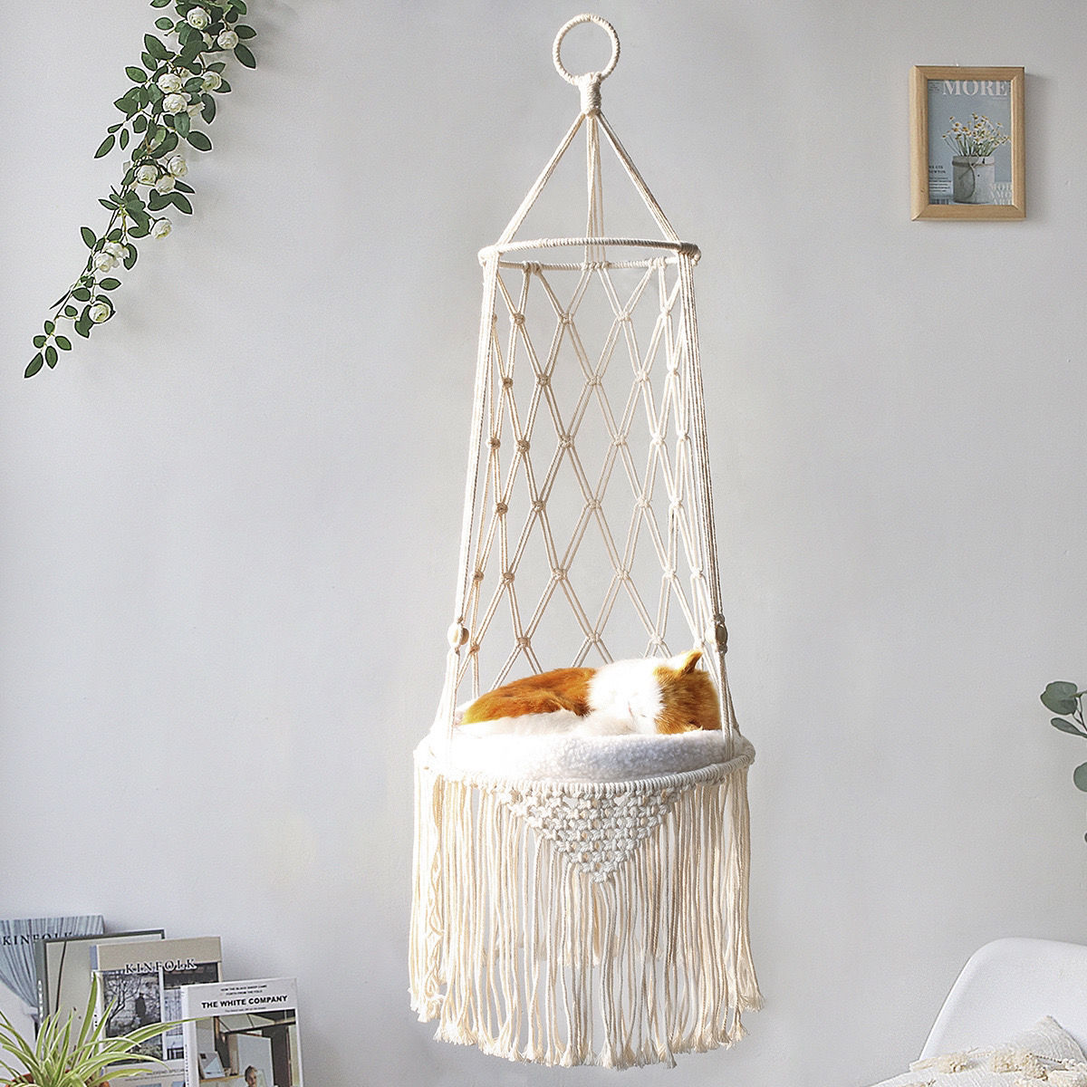 KFX-8450877 Macrame Cat Hammock Bed - Stylish Wall Hanging Pet Swing for Cats