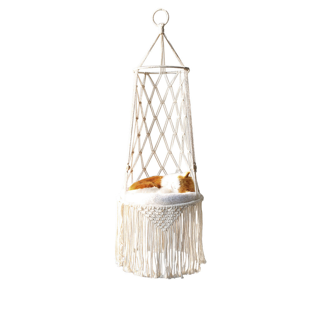 KFX-8450877 Macrame Cat Hammock Bed - Stylish Wall Hanging Pet Swing for Cats