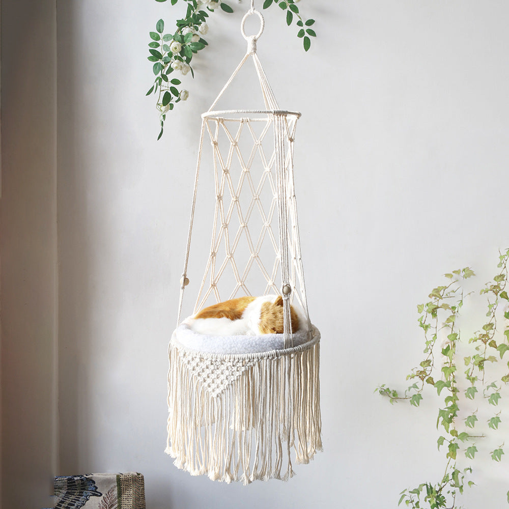 KFX-8450877 Macrame Cat Hammock Bed - Stylish Wall Hanging Pet Swing for Cats