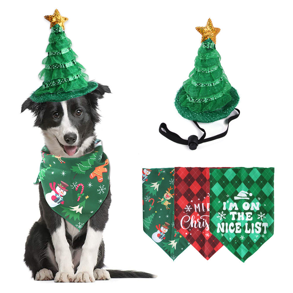 KFX-8462525 Pet Christmas Outfit with Hat and Triangle Scarf in Red, Green, and Snowman Styles