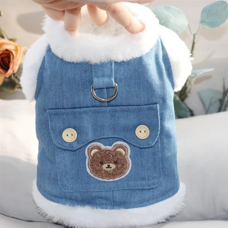 KFX-8465469 Warm Winter Fleece Dog Vest with Bear Print, Insulated Denim & Fluffy Wool Lining, Easy Wear Jacket for Pets