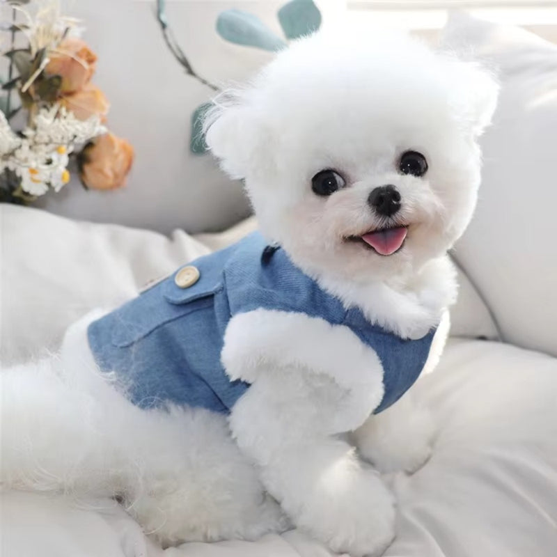 KFX-8465469 Warm Winter Fleece Dog Vest with Bear Print, Insulated Denim & Fluffy Wool Lining, Easy Wear Jacket for Pets