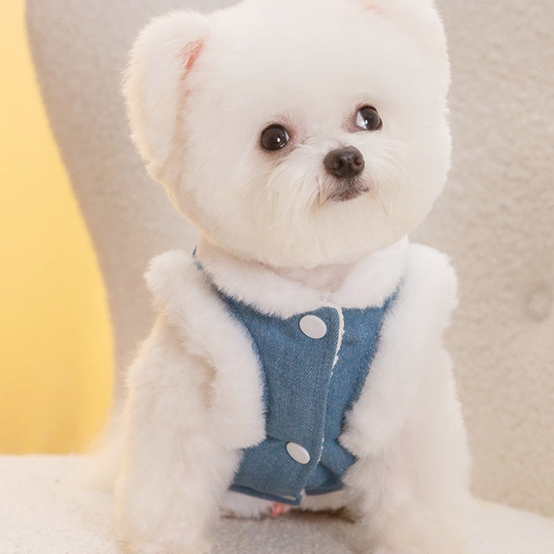 KFX-8465469 Warm Winter Fleece Dog Vest with Bear Print, Insulated Denim & Fluffy Wool Lining, Easy Wear Jacket for Pets