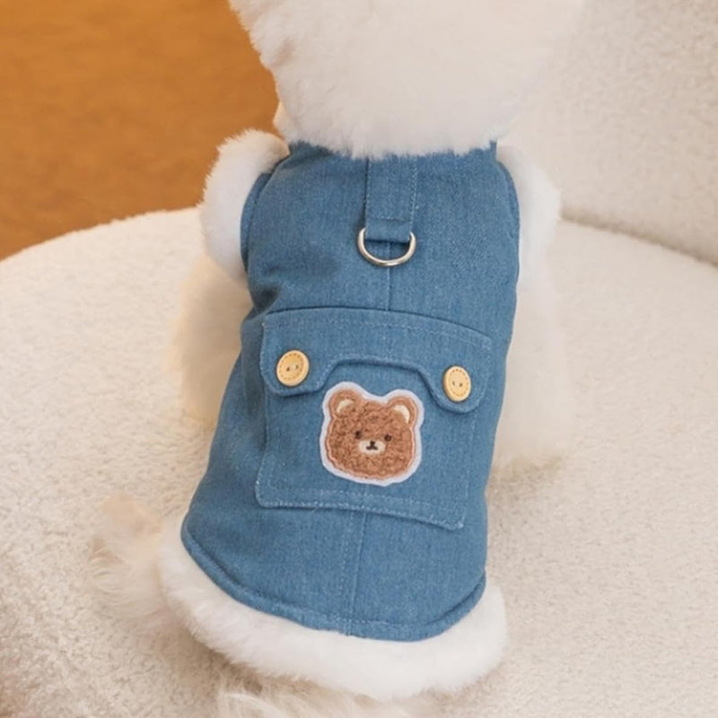 KFX-8465469 Warm Winter Fleece Dog Vest with Bear Print, Insulated Denim & Fluffy Wool Lining, Easy Wear Jacket for Pets