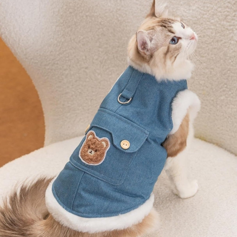 KFX-8465469 Warm Winter Fleece Dog Vest with Bear Print, Insulated Denim & Fluffy Wool Lining, Easy Wear Jacket for Pets