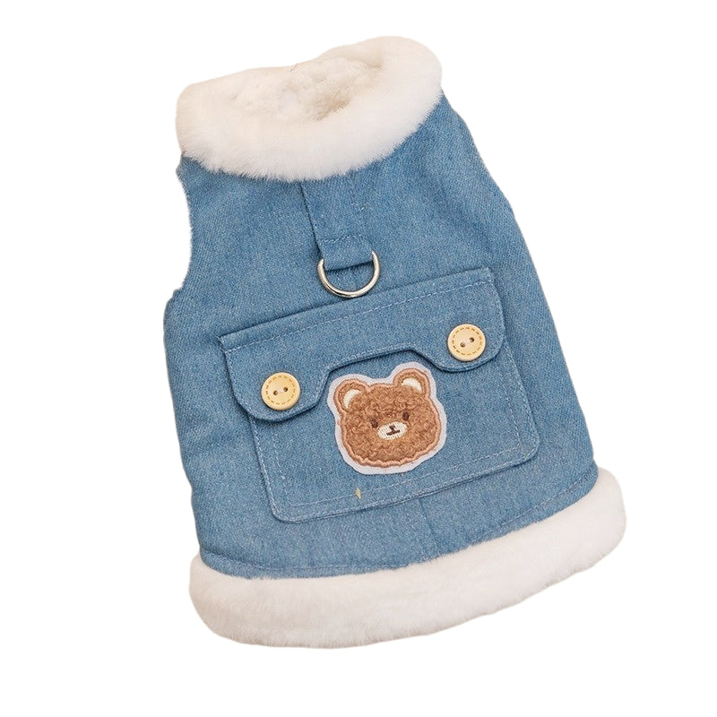KFX-8465469 Warm Winter Fleece Dog Vest with Bear Print, Insulated Denim & Fluffy Wool Lining, Easy Wear Jacket for Pets