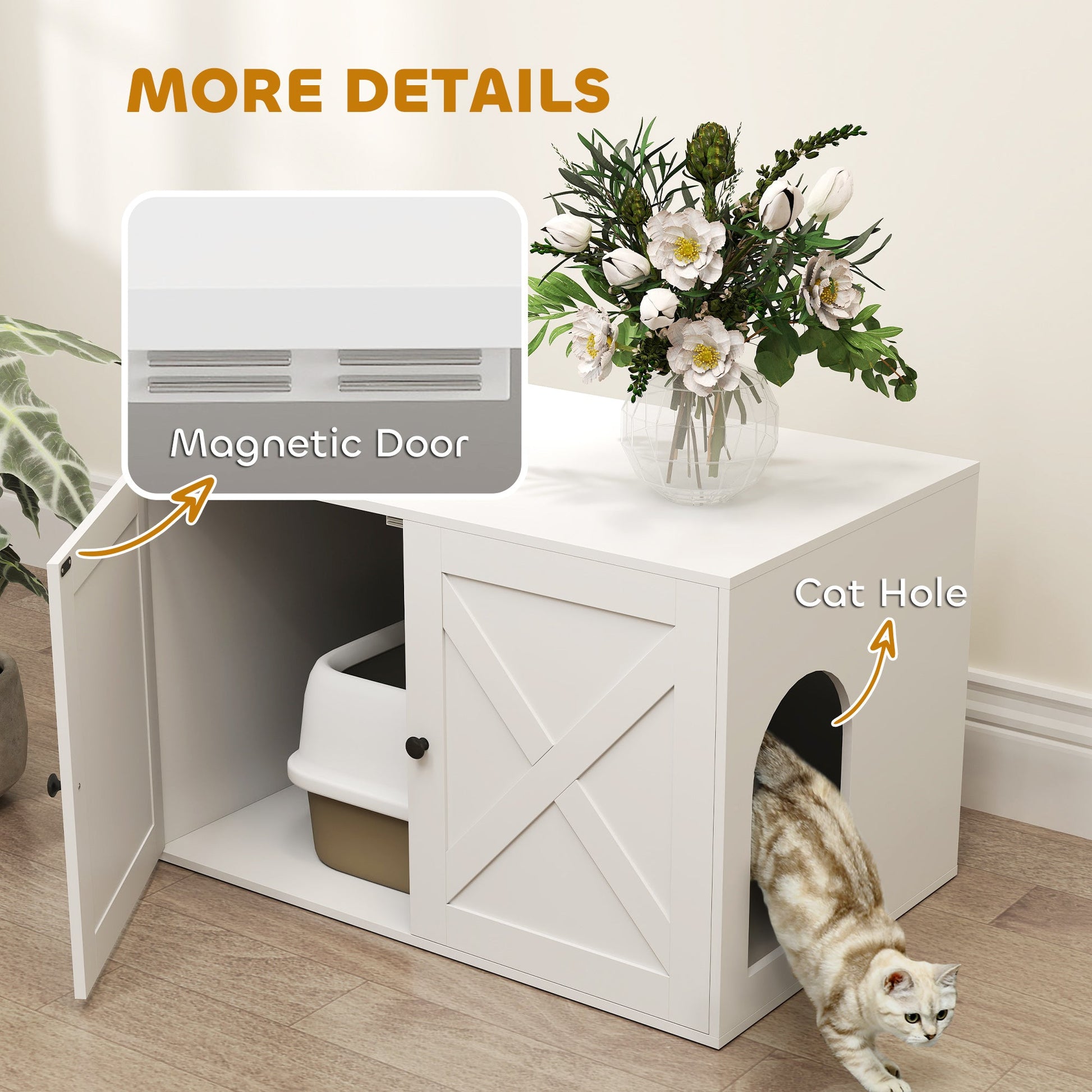 KFX-8466365 Cat Litter Box Enclosure with Barn Door, 31.5" x 20.9" x 19.7", White MDF Furniture