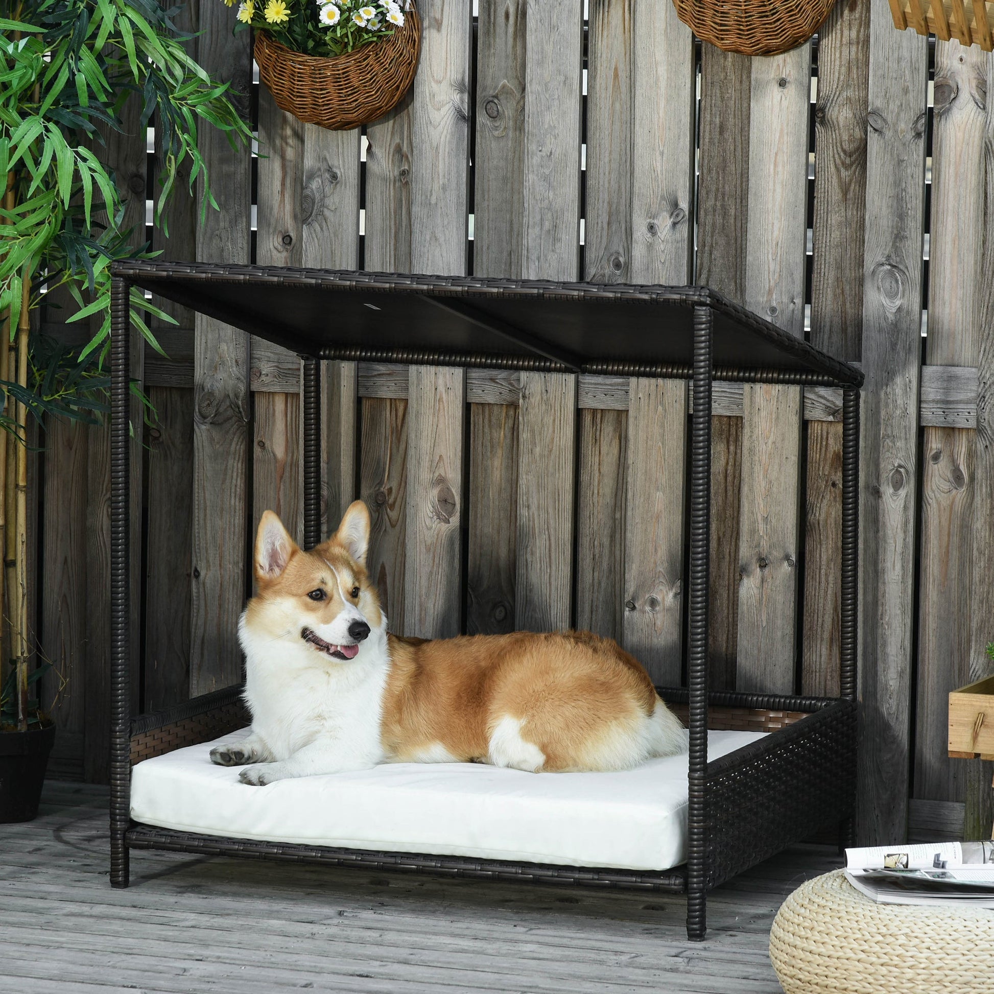 KFX-8475069 Brown Wicker Dog House with Removable Cushion - Raised Rattan Pet Bed for Medium-Sized Dogs and Cats